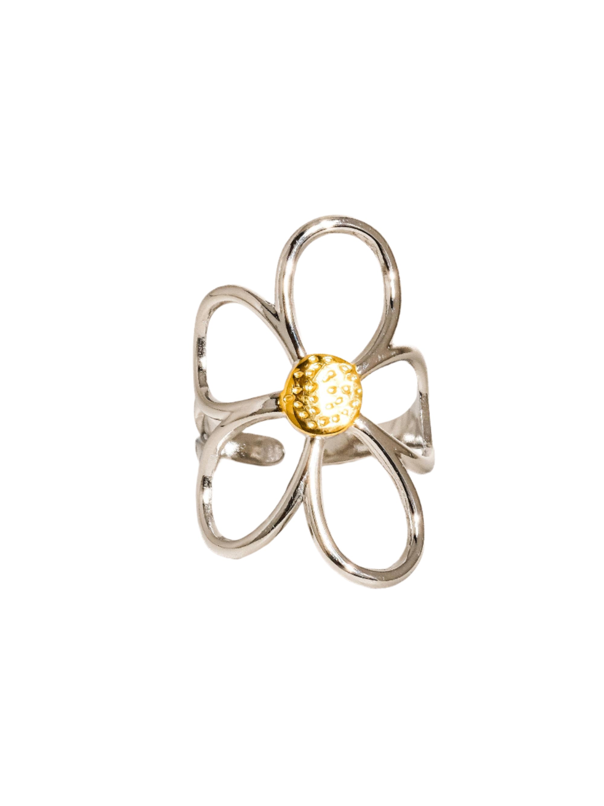 Sculptural floral ring featuring wide silver petals wrapped in radiant gold, creating a dimensional, nature-inspired design. Crafted from 18K gold and silver plated stainless steel in US size 7 (0.682" diameter). Hypoallergenic, water- and tarnish-resistant—an elegant blend of artistry and everyday wear.