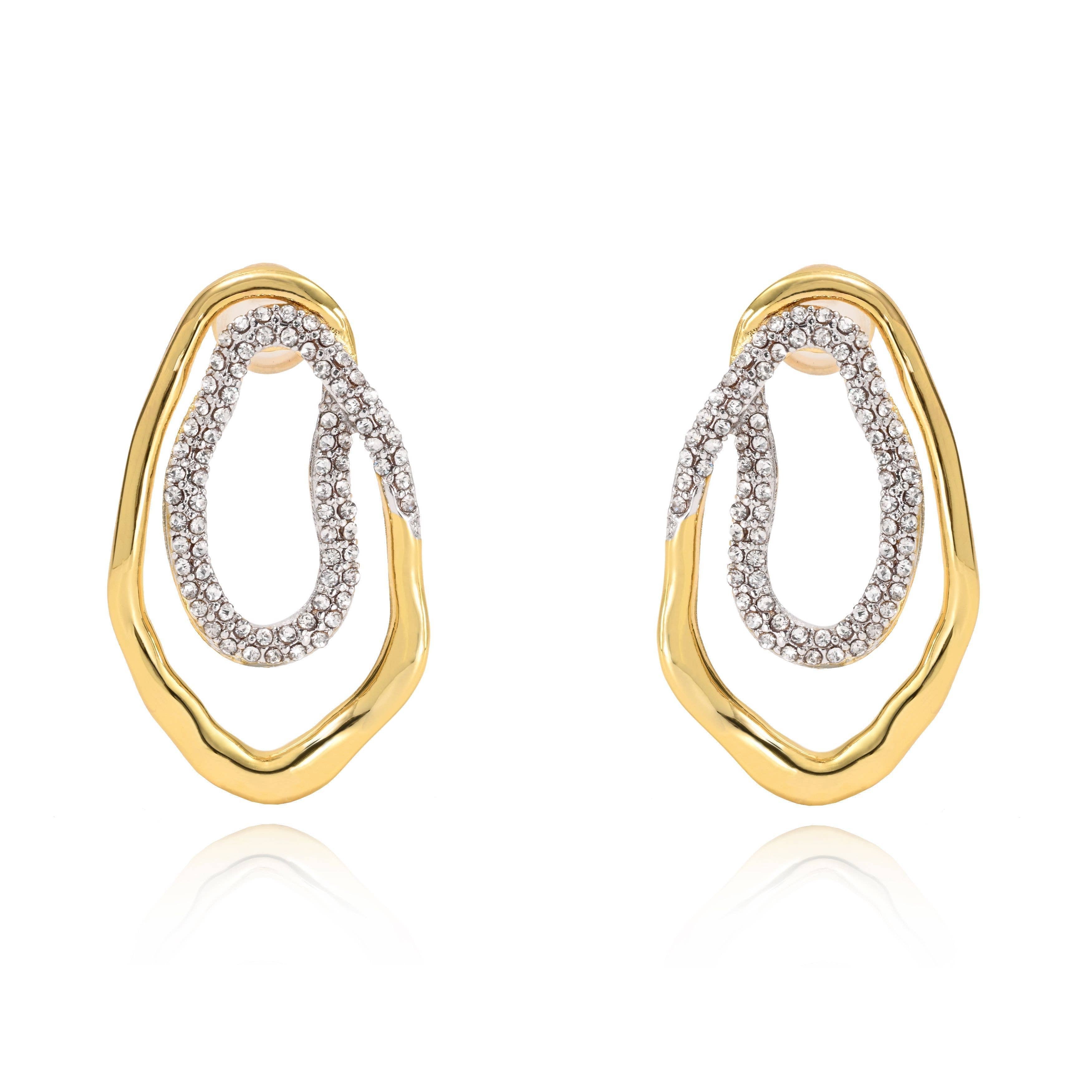 Elegant two-tone earrings in gold and silver, accented with shimmering pavé-set cubic zirconia for a radiant finish. Crafted from 18K gold-plated stainless steel. Hypoallergenic, lead- and nickel-free, water- and tarnish-resistant—perfect for adding a touch of sparkle to any look.