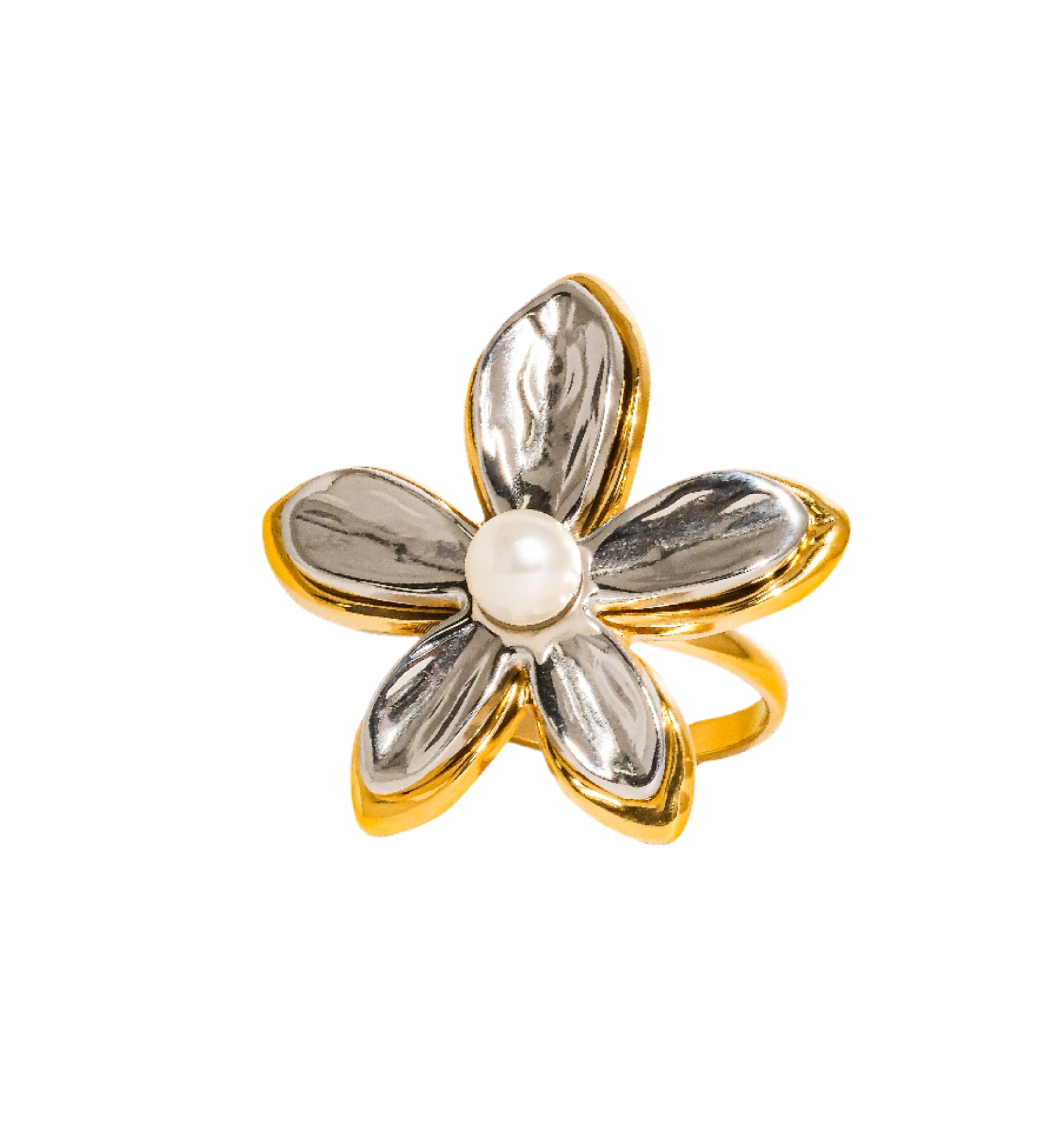 Sculpted floral ring in two-tone gold and silver, featuring a luminous faux pearl nestled at its centre. Made from 18K gold and silver plated stainless steel, US size 7 (0.682" diameter) with a 1.28-inch width. Hypoallergenic, water- and tarnish-resistant—a timeless, feminine statement piece perfect for gifting or elegant everyday wear.