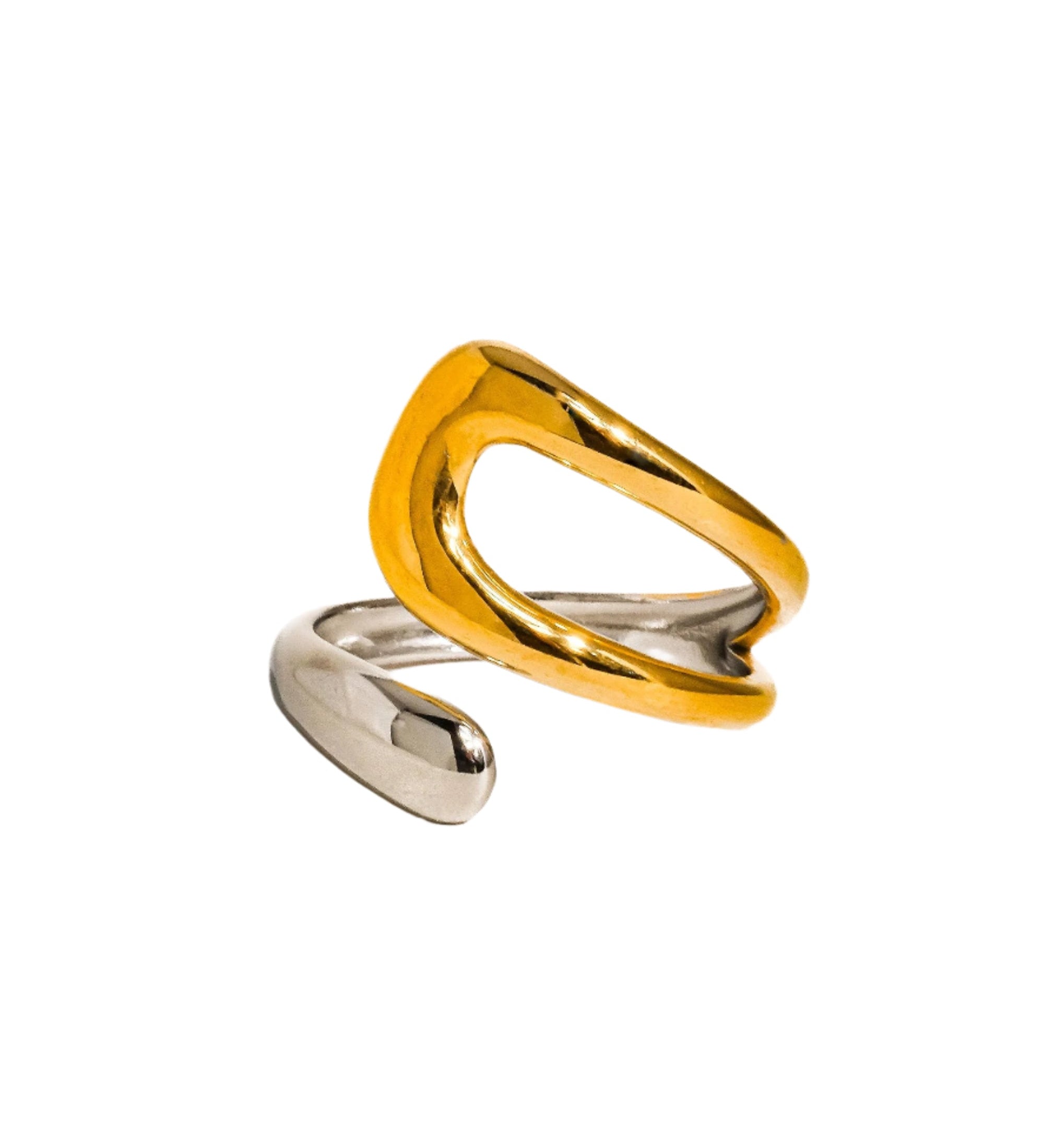 Polished two-tone ring with a seamless flow between warm gold and cool silver, offering a sleek, modern design. Crafted from 18K gold and silver plated stainless steel in US size 7 (0.682" diameter), with a 0.4-inch band width. Hypoallergenic, water- and tarnish-resistant—perfect for everyday elegance or stacking with your favourites.