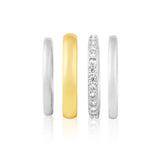 Modern ring set featuring two stackable bands in 18K gold and silver tone plating over stainless steel. Designed for versatile styling—wear together for bold contrast or separately for minimalist flair. Hypoallergenic, water- and tarnish-resistant—an effortlessly chic everyday essential.
