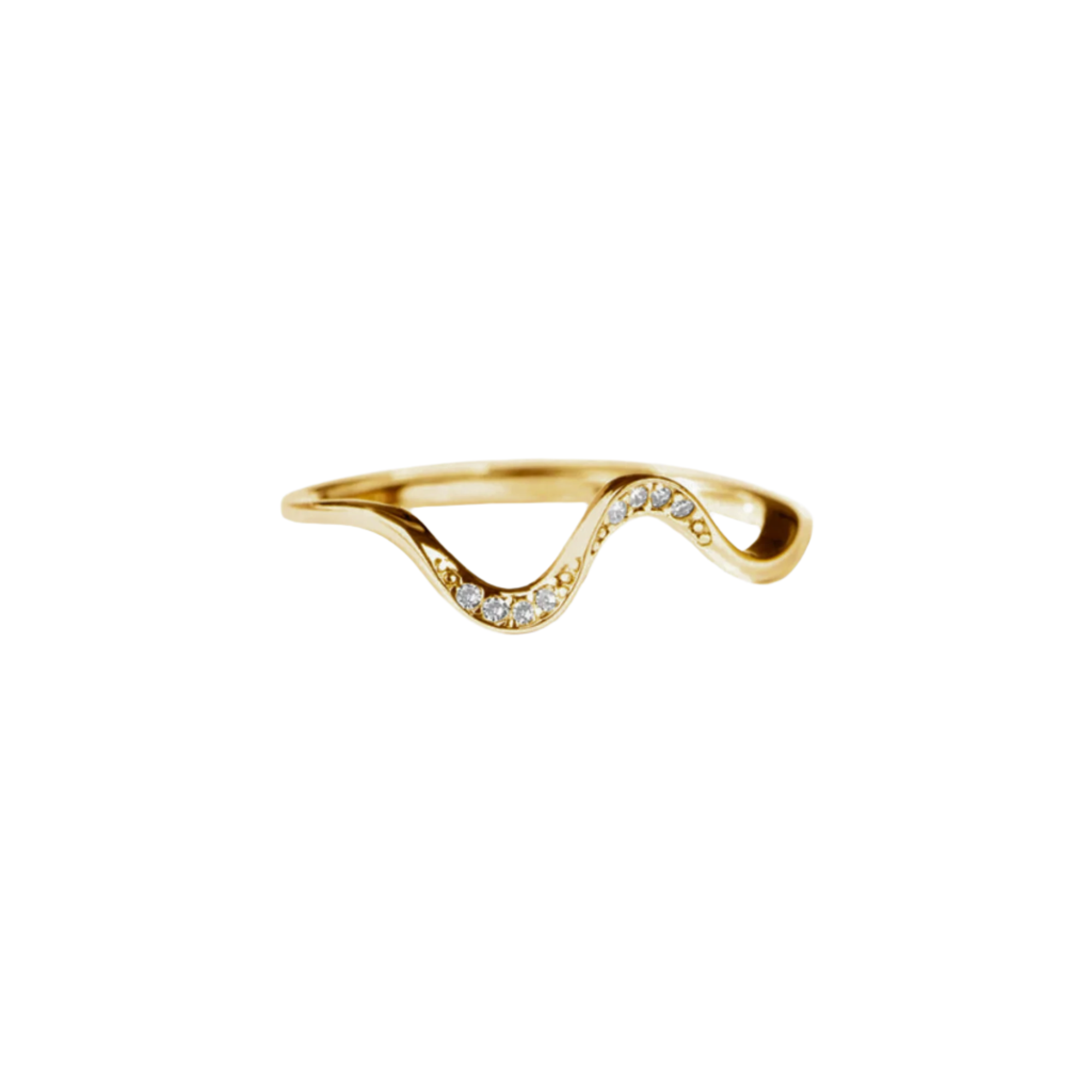 Minimalist wave ring crafted from solid 925 sterling silver with 18K gold plating, featuring a soft wave silhouette accented by dainty cubic zirconia. Hypoallergenic, water- and tarnish-resistant—perfect for capturing the elegance of fluid motion in everyday style.