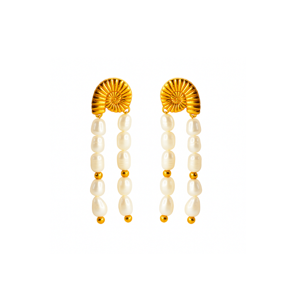 Tassel drop earrings crafted from 18K gold-plated stainless steel, featuring cascading freshwater pearls for classic elegance and ocean-inspired charm. Hypoallergenic, water- and tarnish-resistant—perfect for adding timeless sophistication to any outfit.